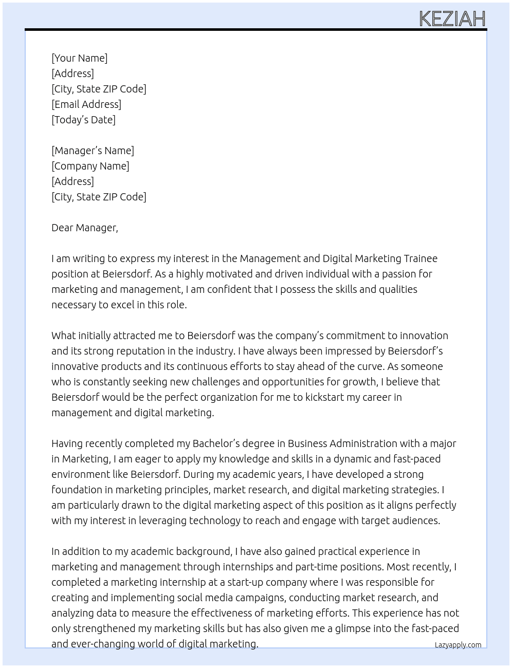 Management and Digital Marketing Trainee At Beiersdorf Cover Letter