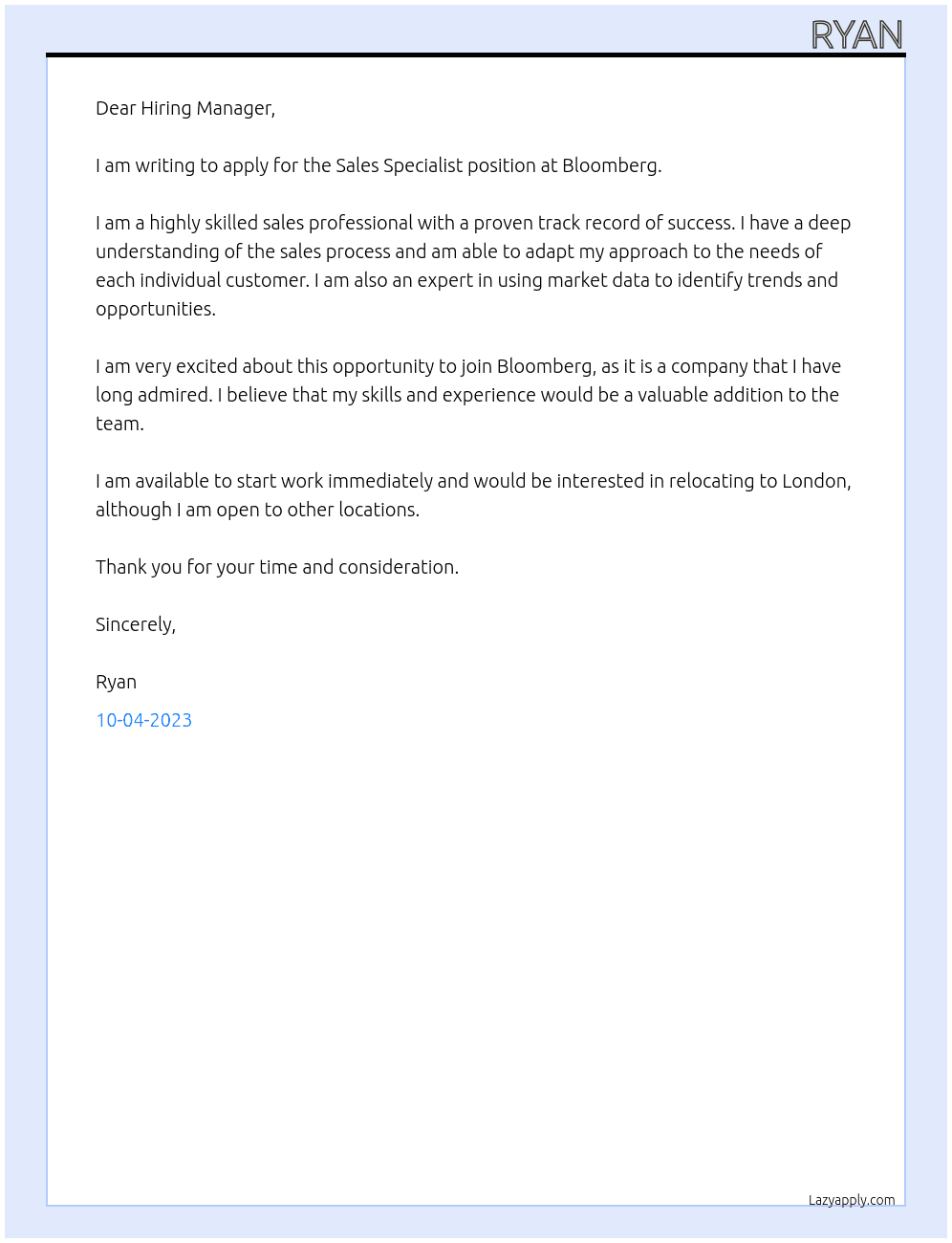 Sales Specialist At Bloomberg Cover Letter