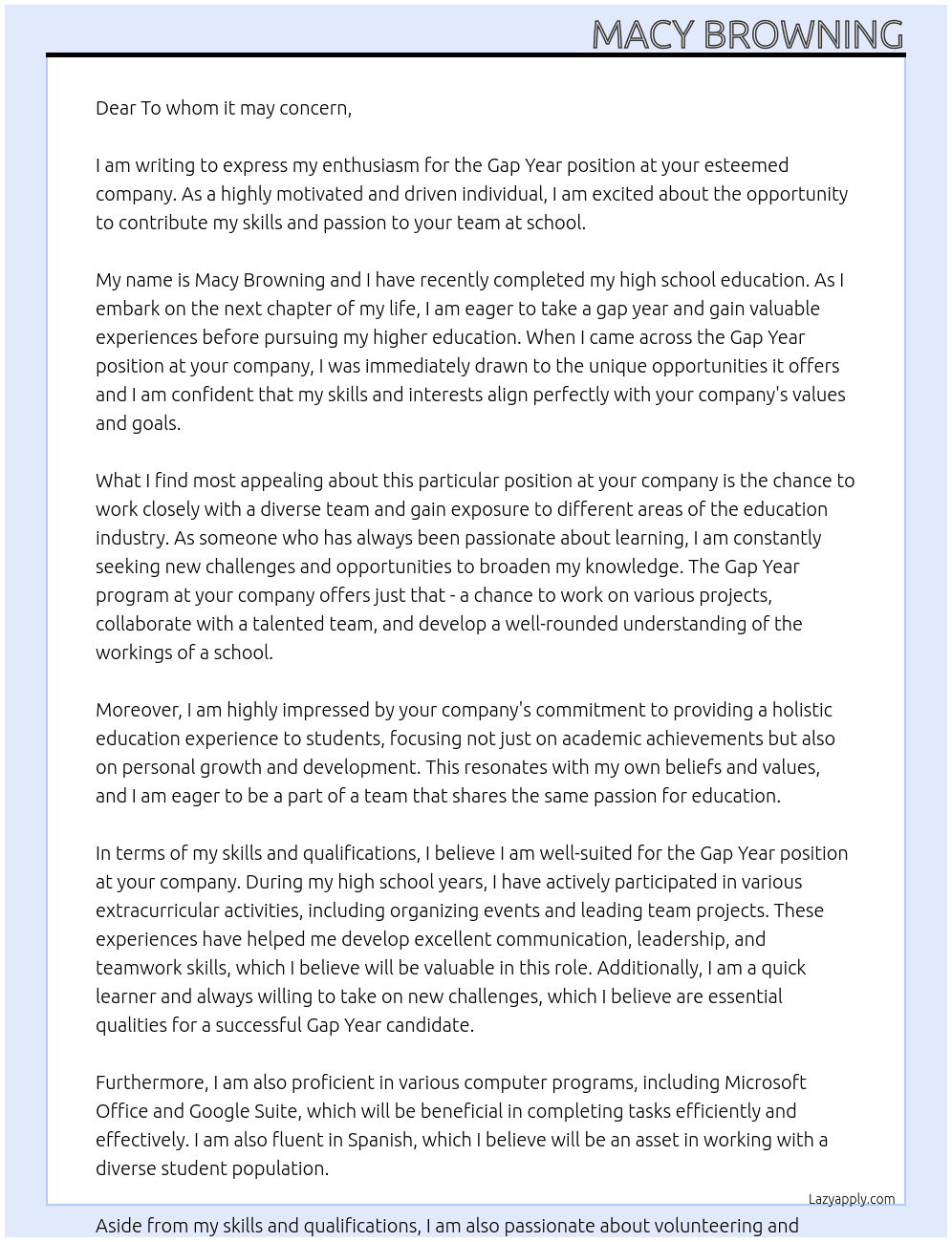 Gap year At school Cover Letter