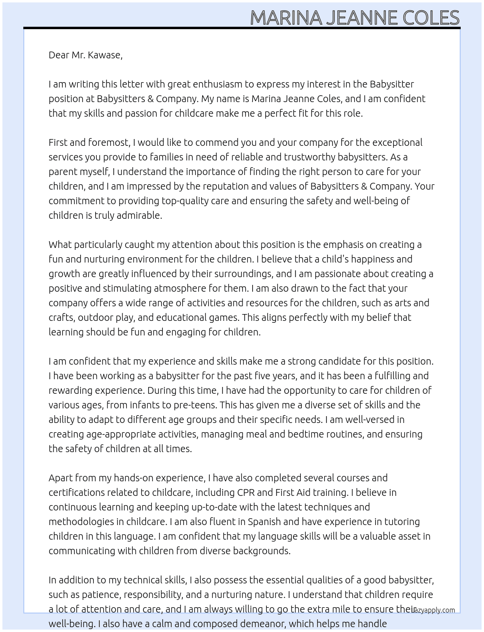 Babysitter At babysitters & company Cover Letter
