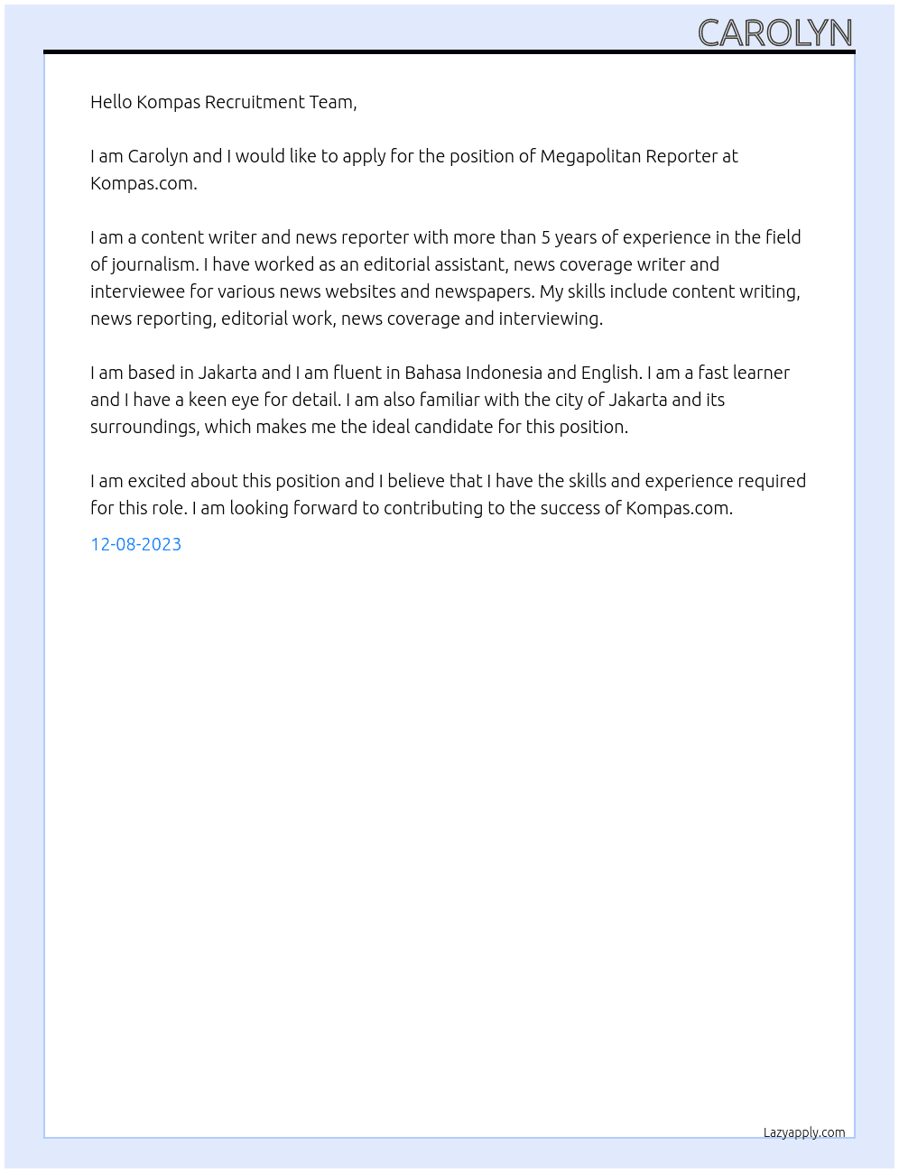 Megapolitan Reporter At Kompas.com Cover Letter