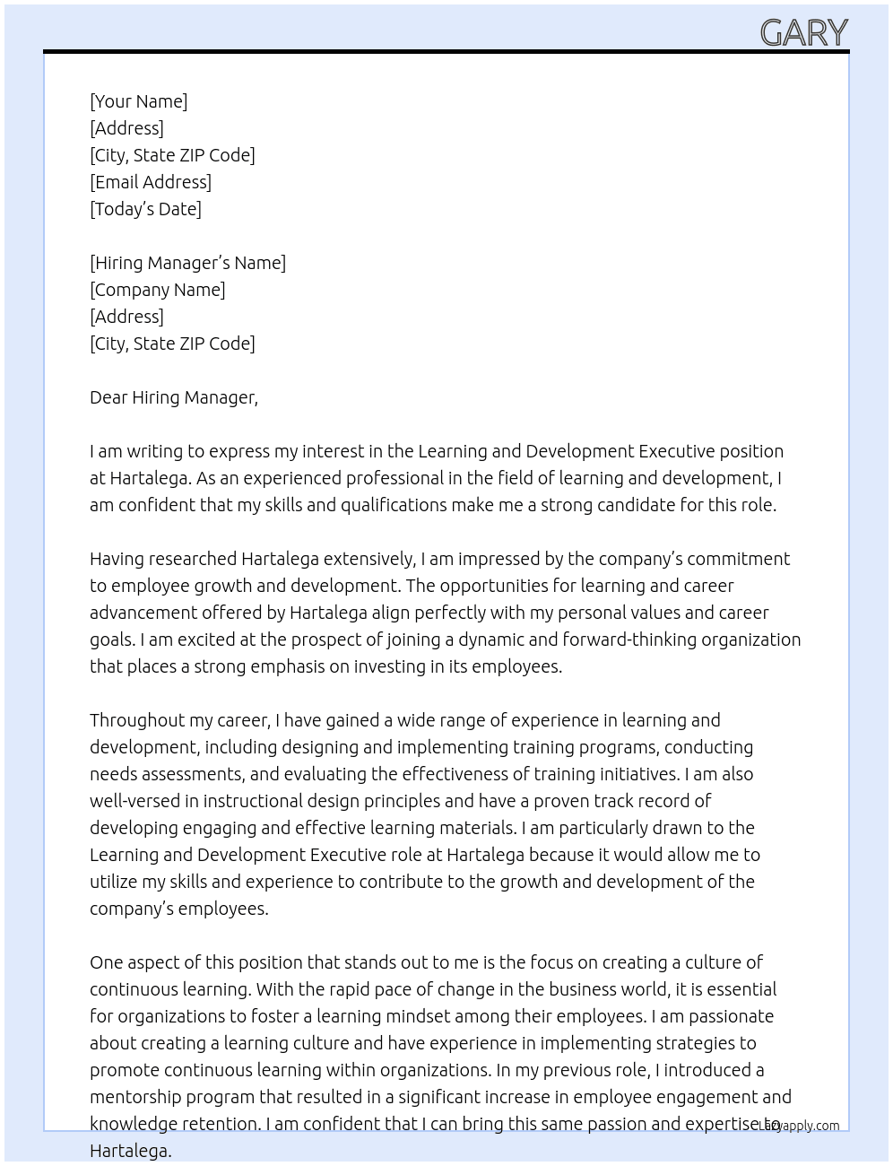 Learning and Development Executive At Hartalega Cover Letter