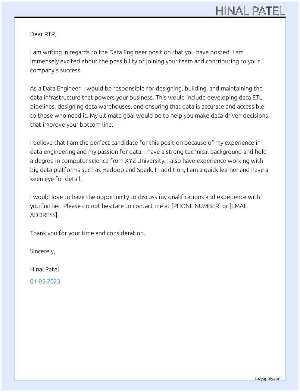 Data Engineer At RTR Cover Letter