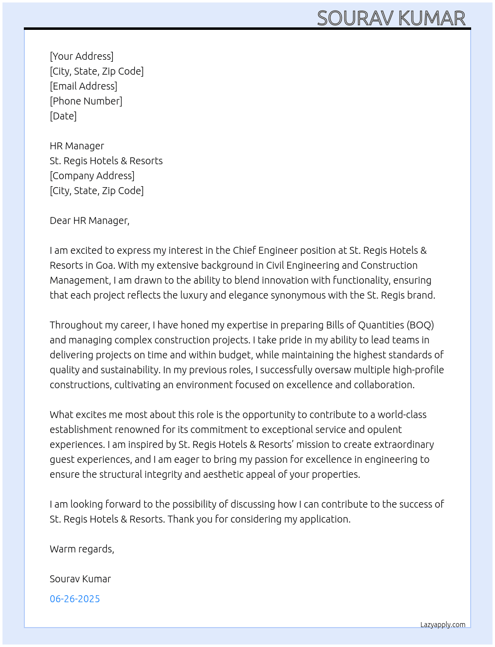 Chief Engineer  At St. Regis Hotels & Resorts  Cover Letter