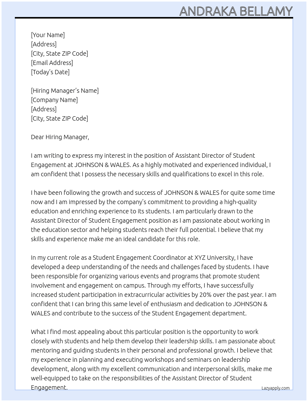 Assistant Director of Student Engagement At JOHNSON & WALES Cover Letter