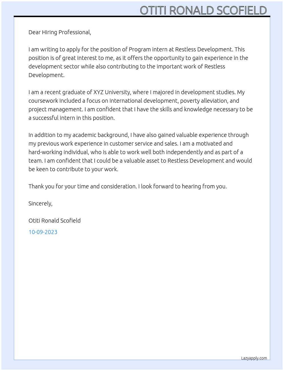 Program intern At Restless Development  Cover Letter