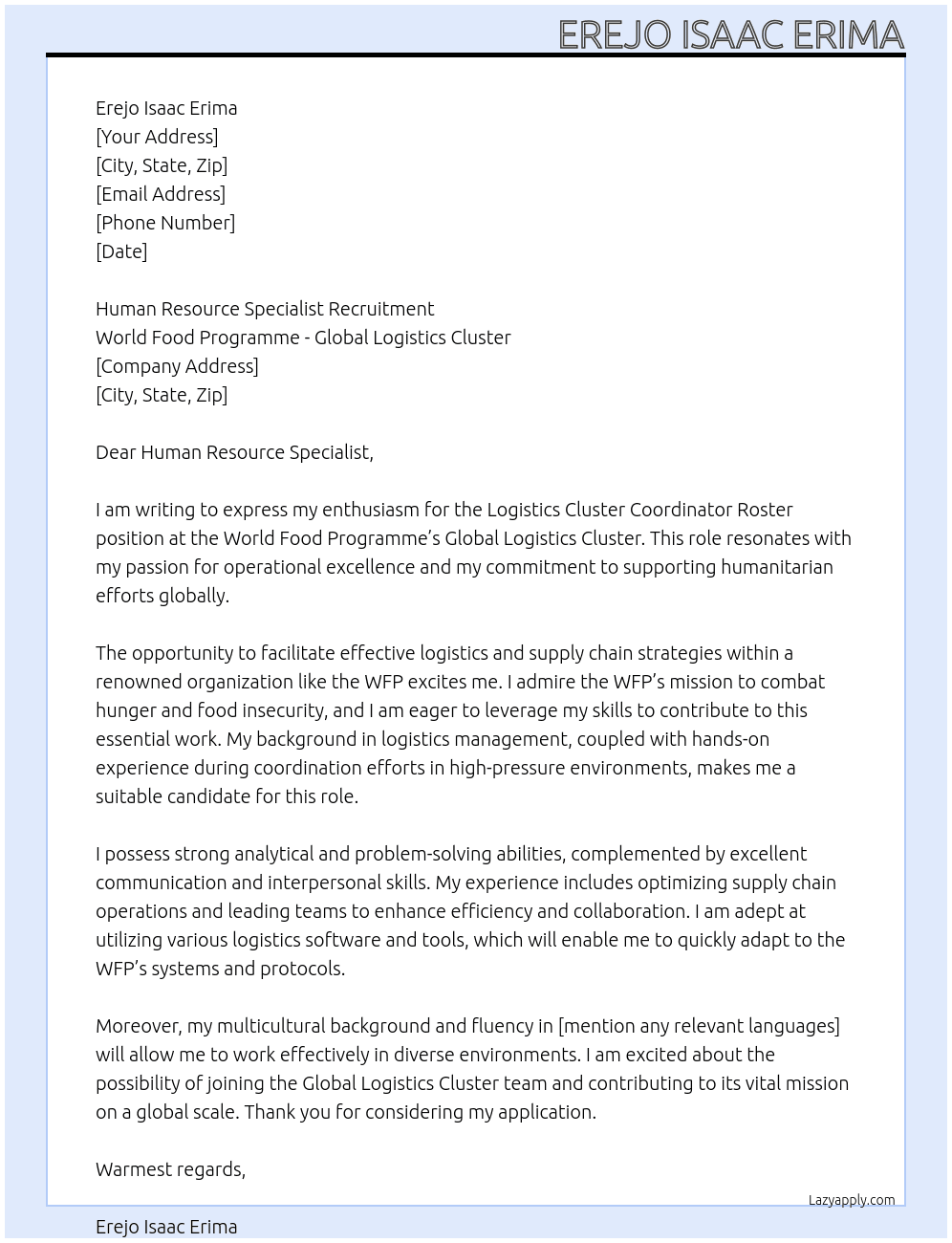 Cover letter for logistics cluster coordinator roster - world wide - LazyApply