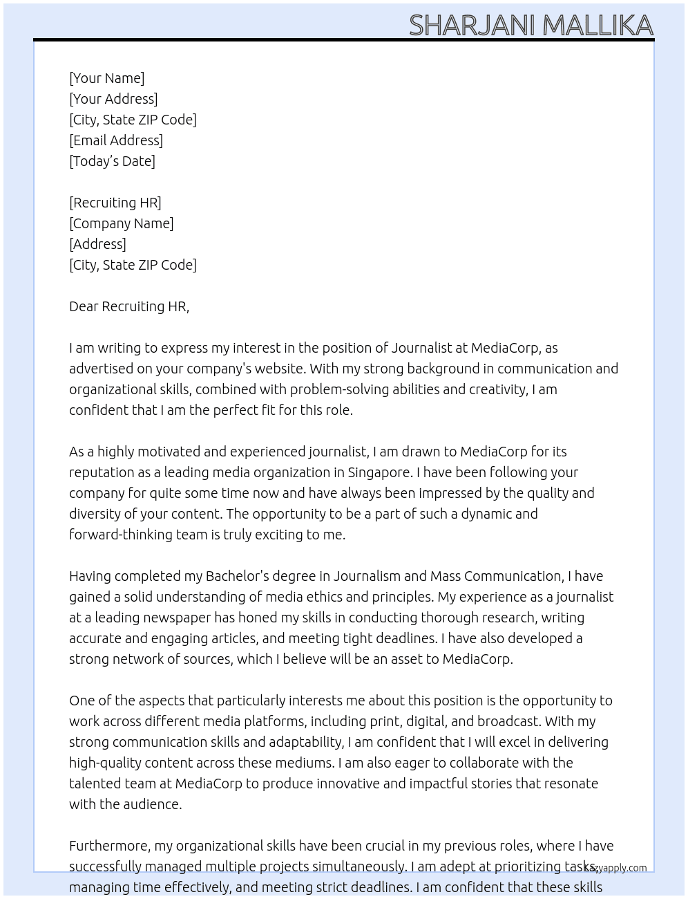 Journalist  At MediaCorp  Cover Letter