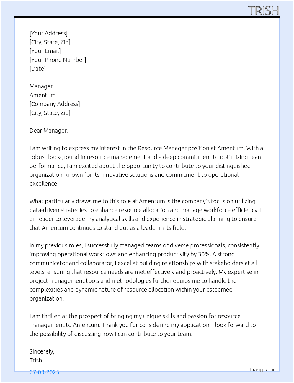 Resource Manager At Amentum Cover Letter