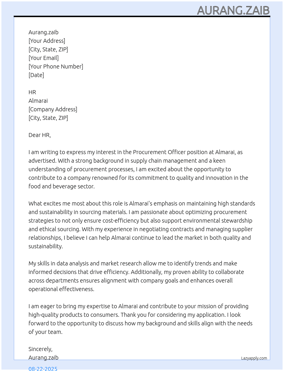 Procurement officer At Almarai Cover Letter