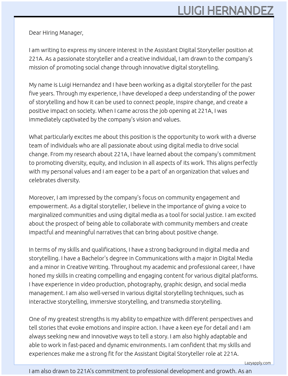  Assistant Digital Storyteller At 221A Cover Letter