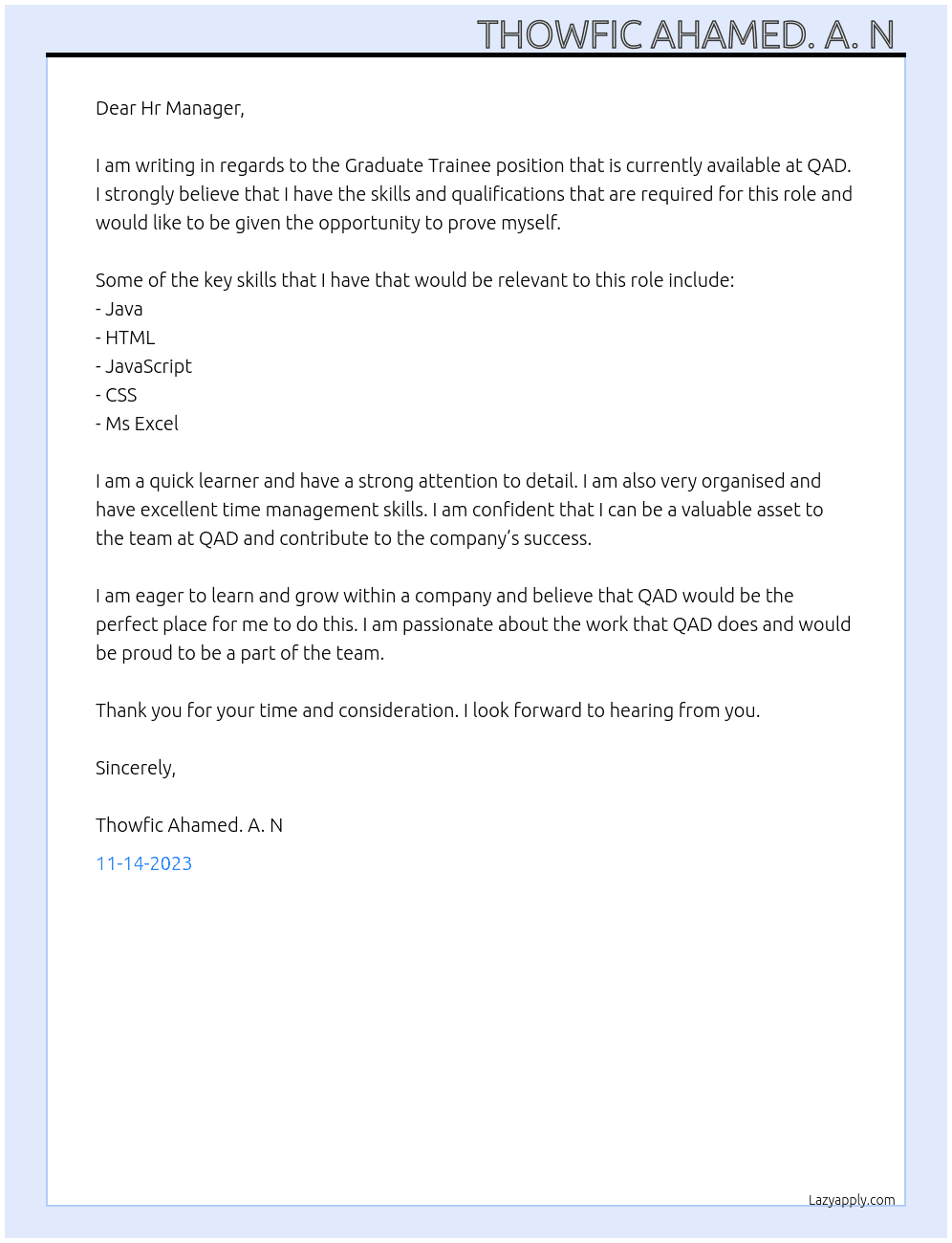 Graduate Trainee At QAD Cover Letter