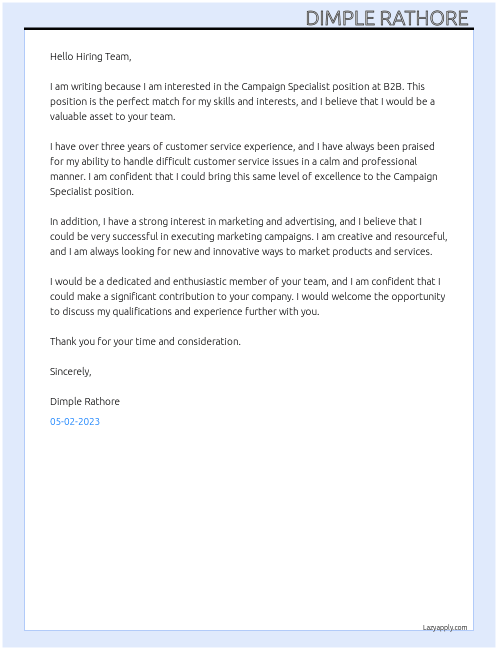 Campaign specialist  At B2b Cover Letter