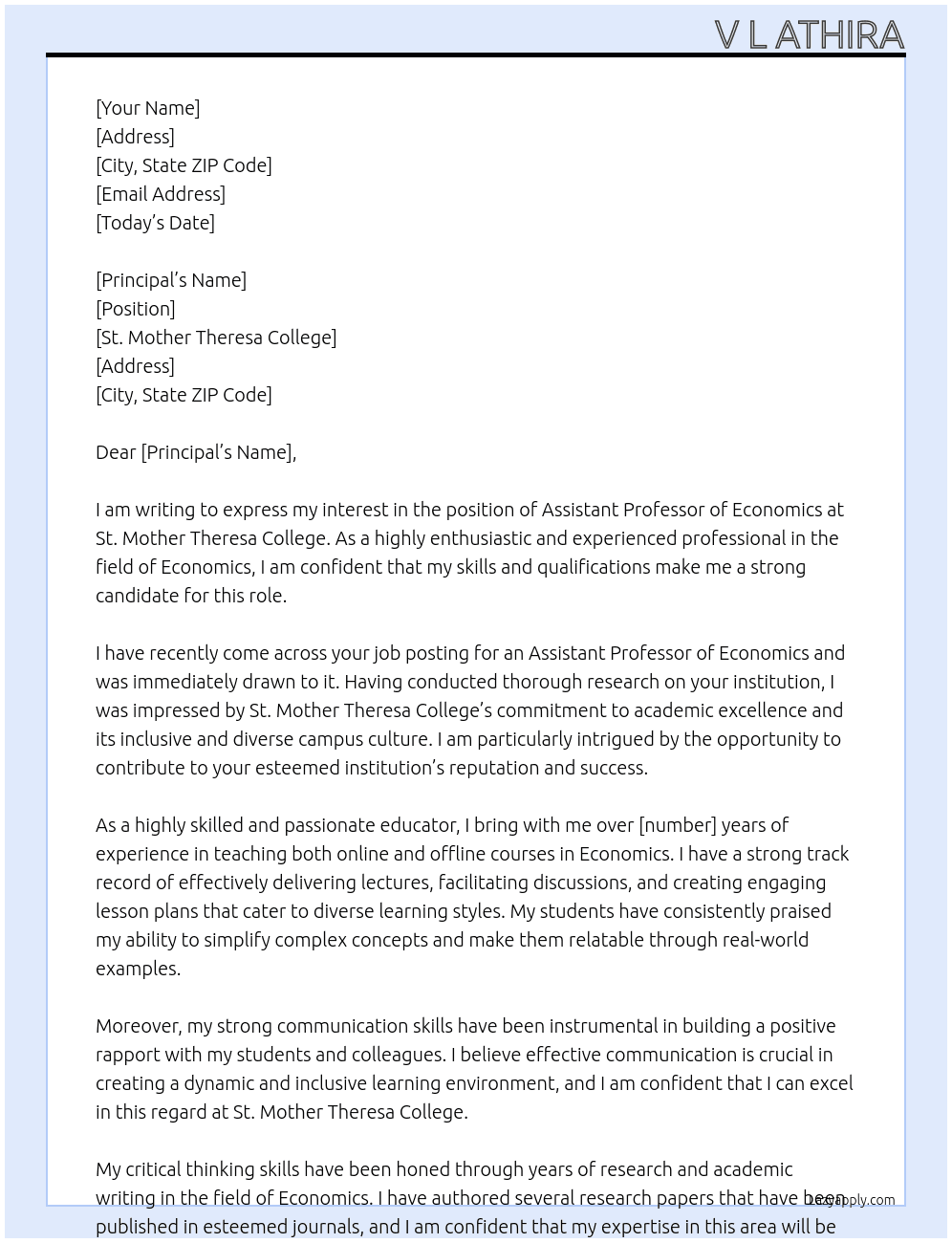 ASSISTANT PROFESSOR OF ECONOMICS At ST.Mother theresa College  Cover Letter
