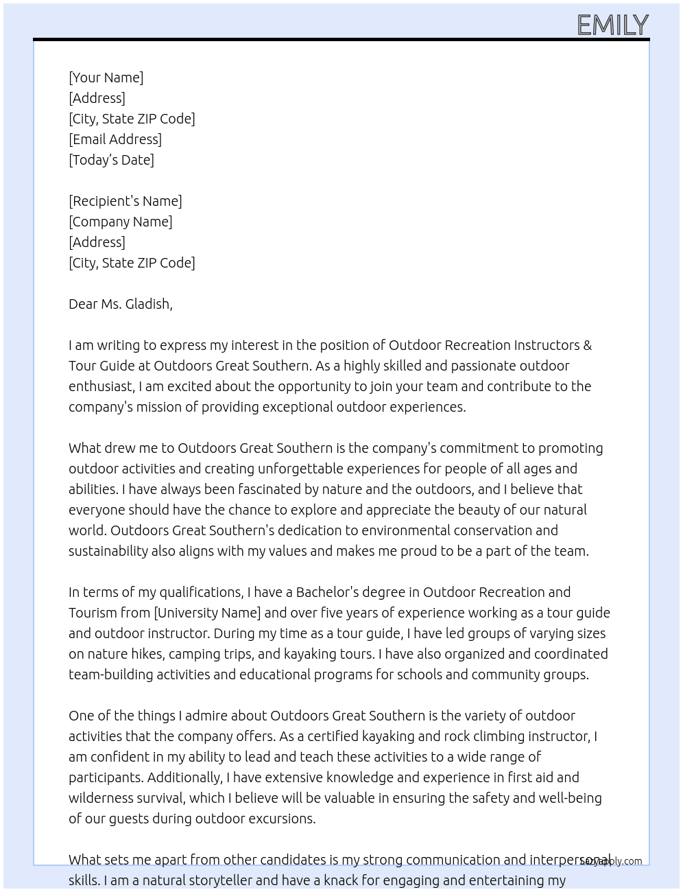 Outdoor Recreation Instructors & Tour Guide At Outdoors Great Southern Cover Letter
