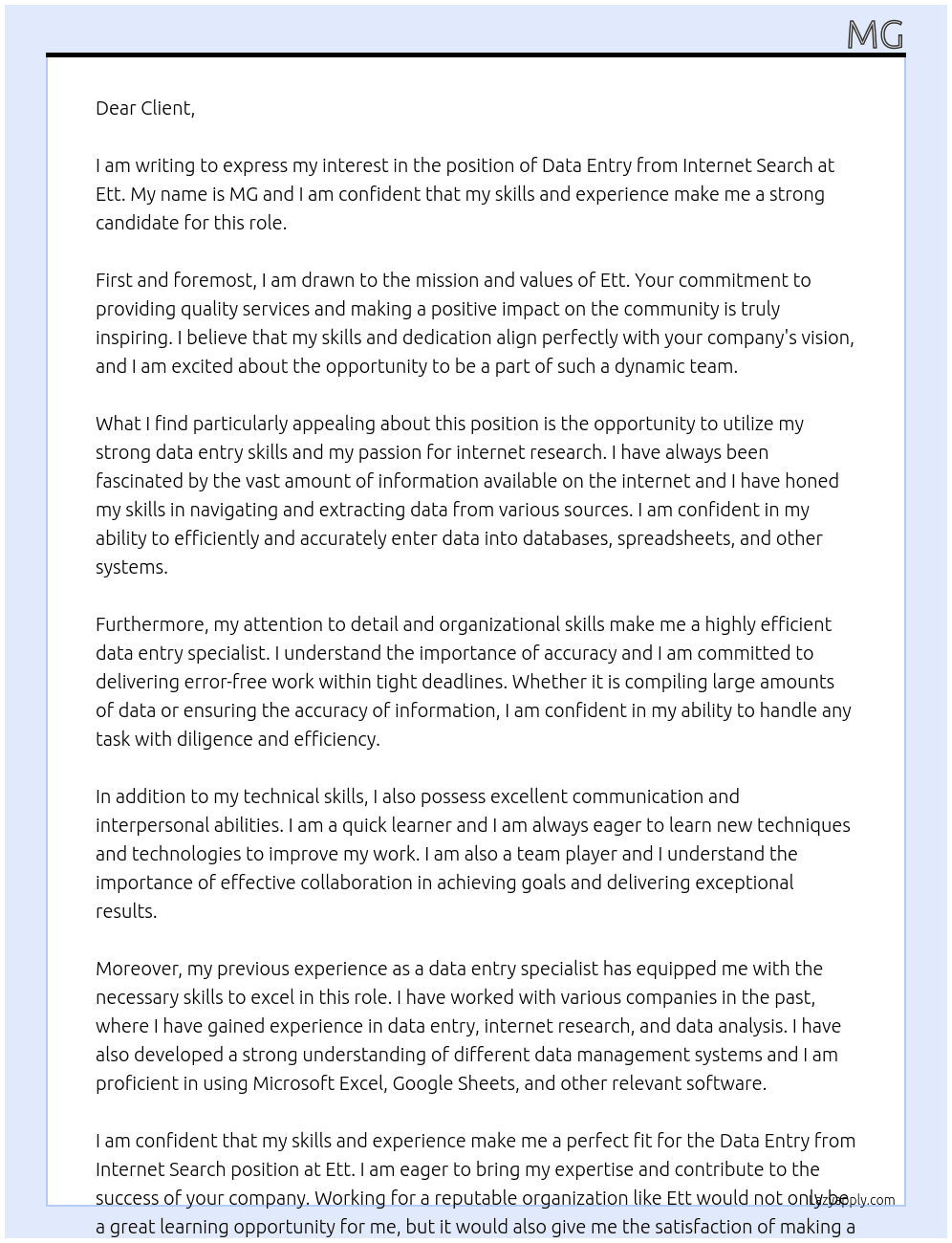 Data Entry from Internet Search At ett Cover Letter