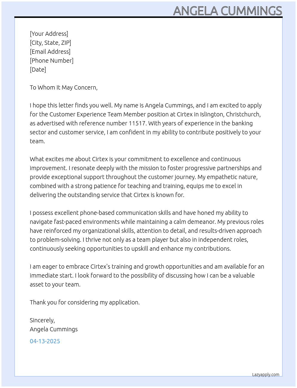 Customer Experience Team Member At Cirtex Cover Letter