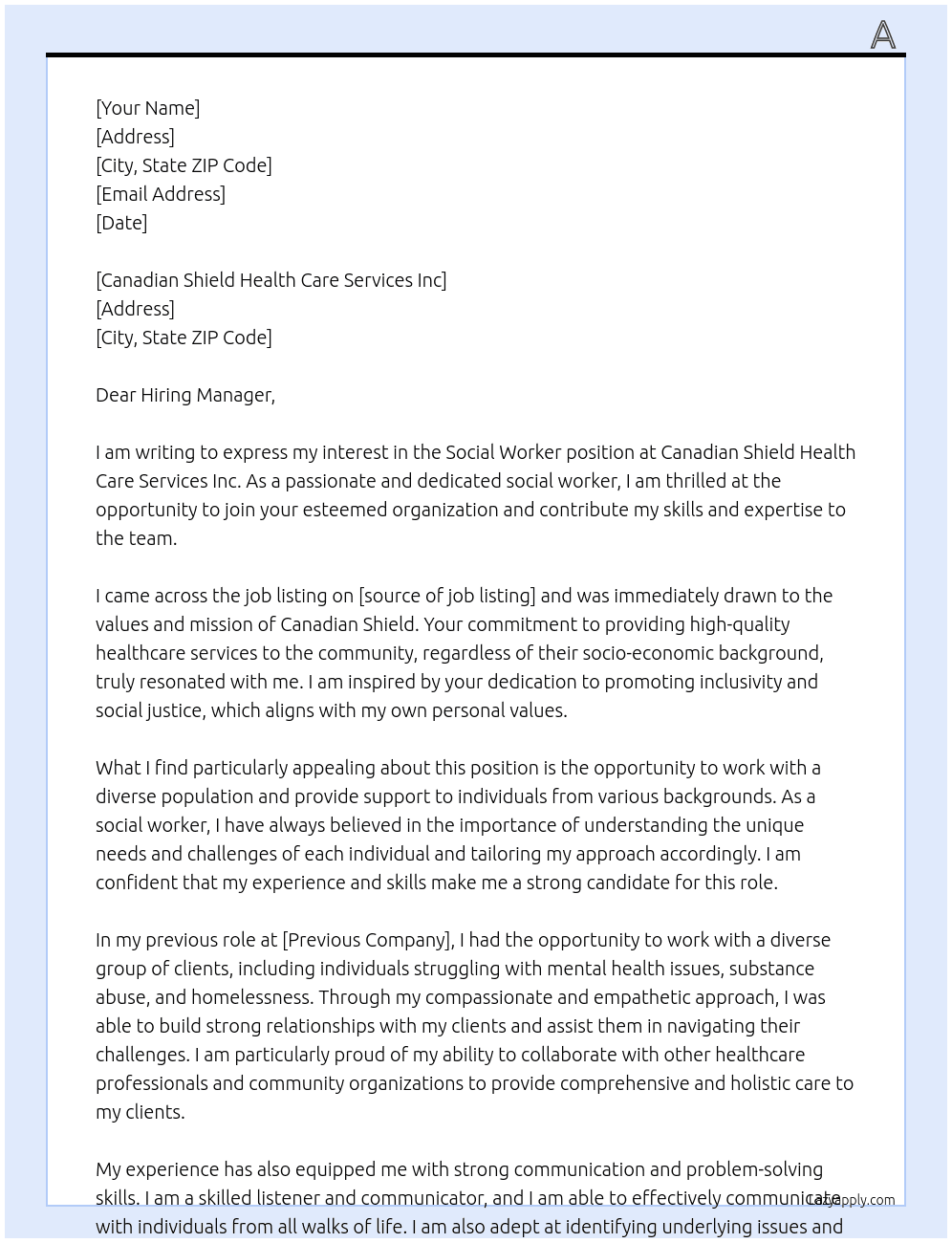 Social Worker At Canadian Shield  Cover Letter