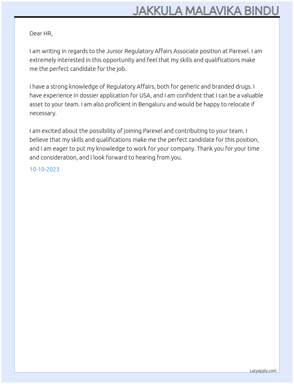 Junior Regulatory Affairs Associate At Parexel Cover Letter