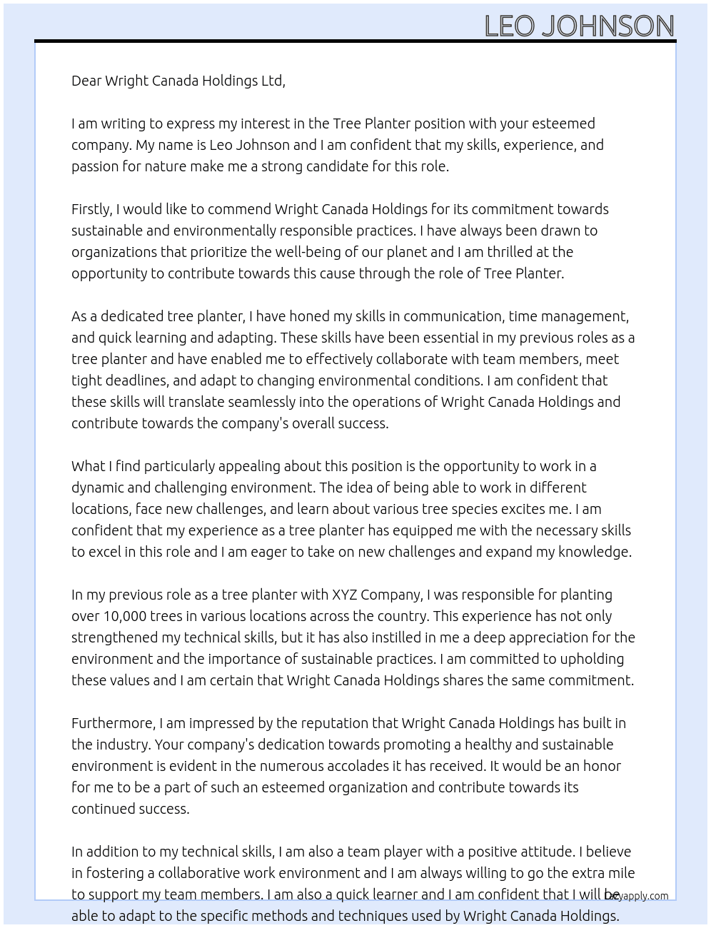 Tree Planter At Wright Canada Holdings Ltd  Cover Letter