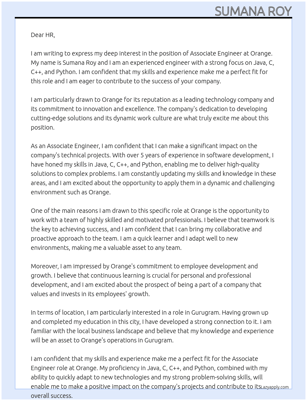 ASSOCIATE ENGINEER At ORANGE Cover Letter