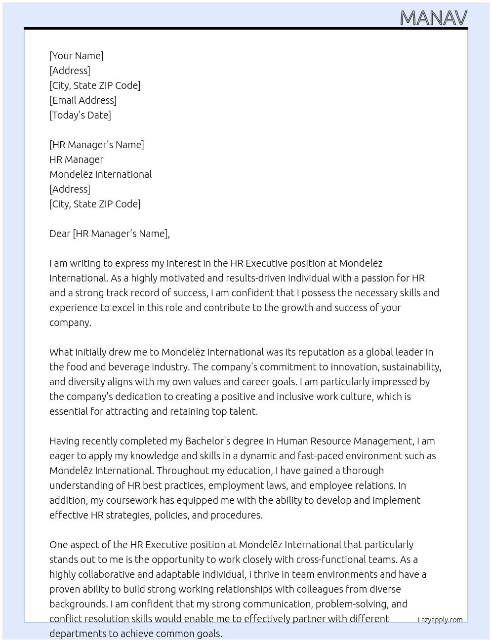 HR Executive At Mondelēz International Cover Letter