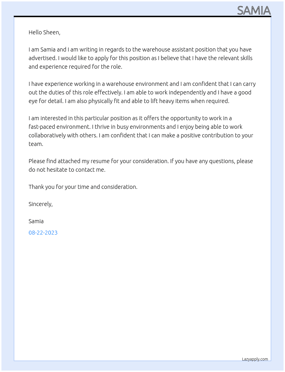 warehouse assistant  At Sheen Cover Letter