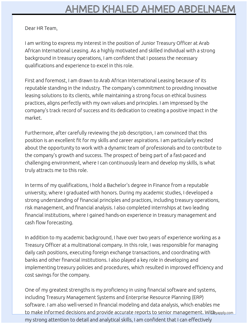 Junior Treasury Officer At Arab African International Leasing Cover Letter