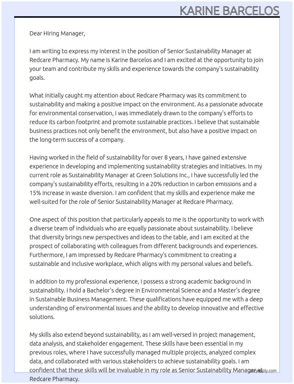 Senior Sustainability Manager At Redcare Pharmacy Cover Letter