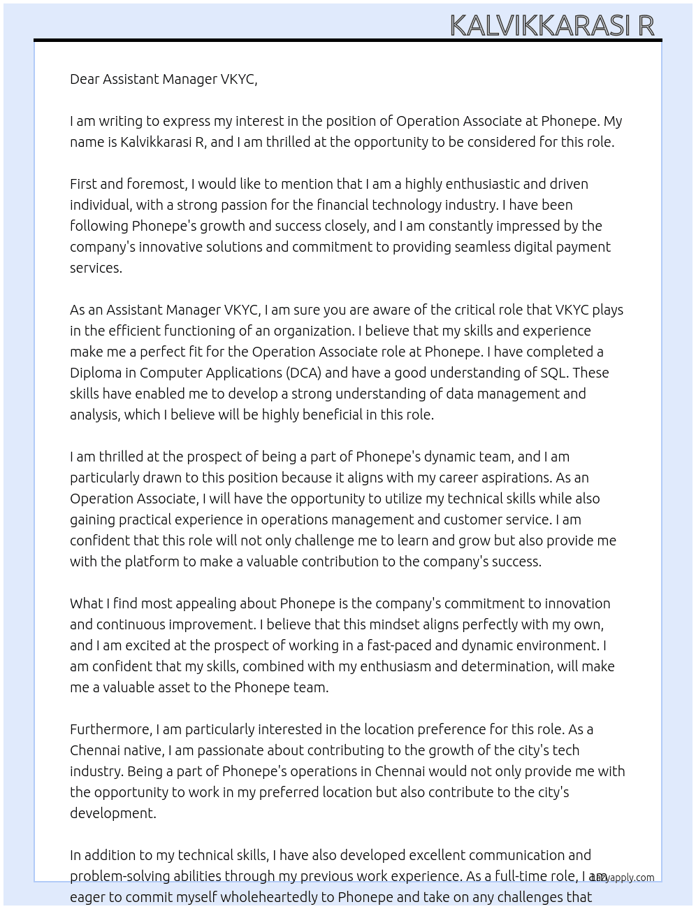 Operation associate ,VKYC At Phonepe  Cover Letter