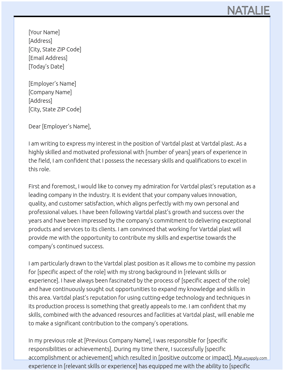 vartdal plast  At Vartdal plast  Cover Letter