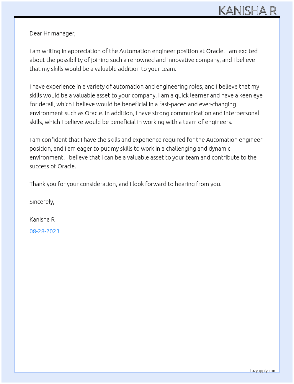 Automation engineer  At Oracle  Cover Letter