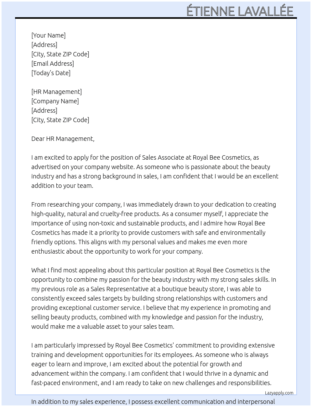 Sales Associate At Royal Bee Cosmetics Cover Letter