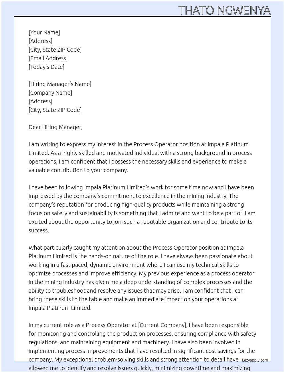 Process operator At Impala Platinum Limited Cover Letter