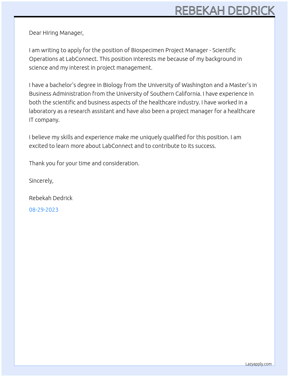 Biospecimen Project Manager - Scientific Operations At LabConnect Cover Letter