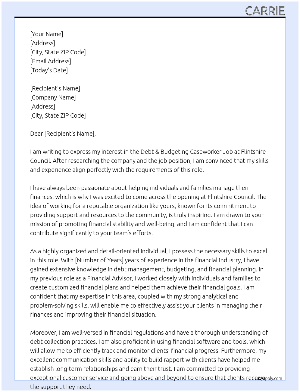 debt & Budgeting Caseworker Job At flintshire council  Cover Letter