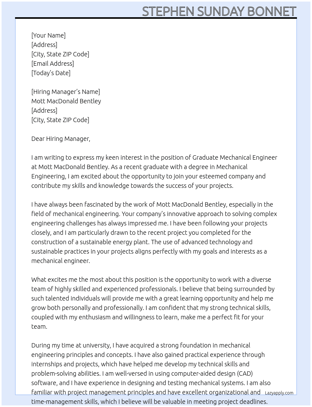 Graduate Mechanical Engineer At Mott MacDonald Bentley Cover Letter