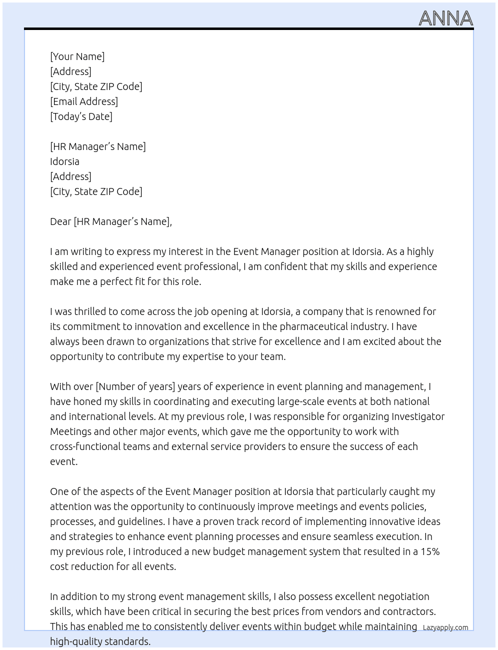 Event Manager At Idorsia Cover Letter