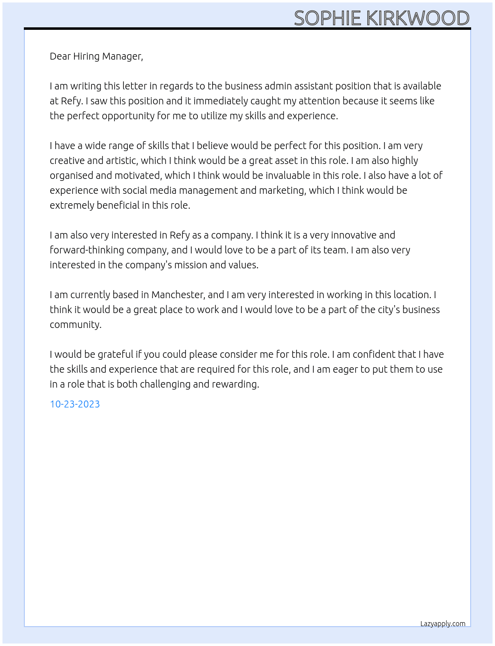 business admin assistant At Refy  Cover Letter