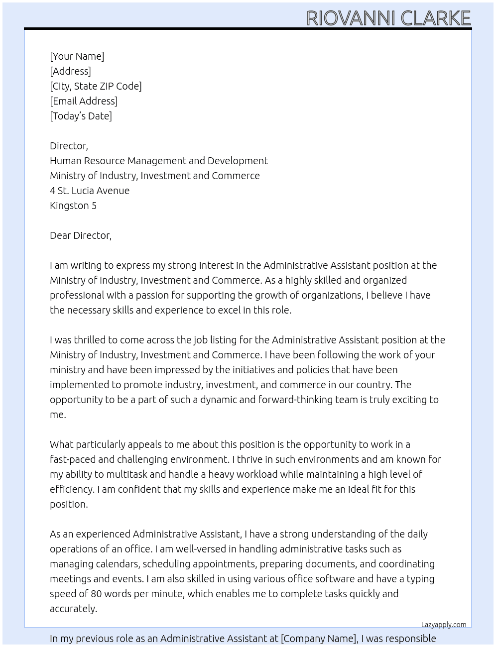 Administrative Assistant At Ministry of Industry, Investment and Commerce Cover Letter