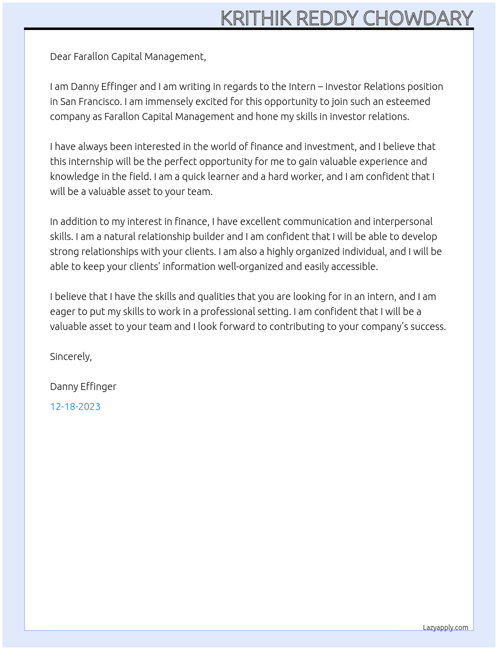 Intern – Investor Relations – San Francisco At Farallon Capital Management Cover Letter