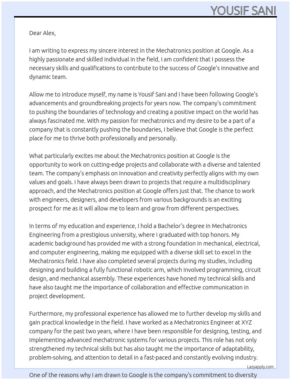 Mechatronics  At Google Cover Letter