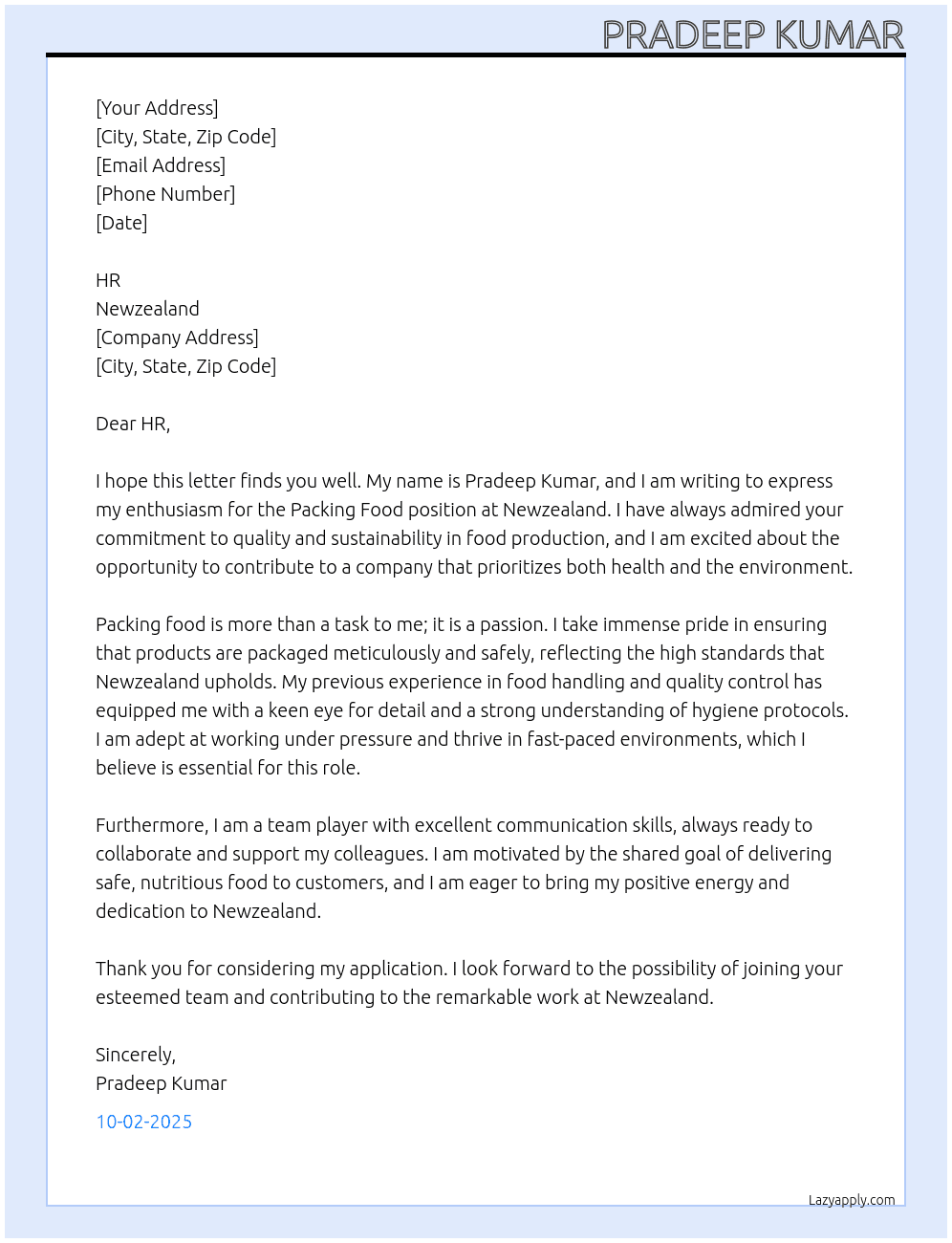 Cover letter for packing food - LazyApply