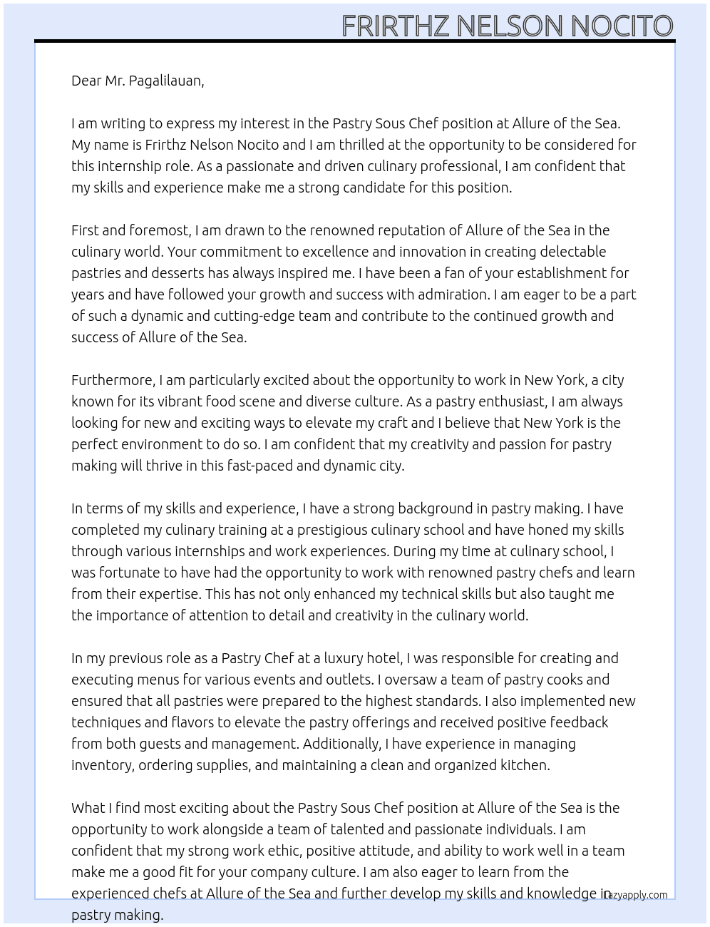 Pastry Sous Chef At Allure of the Sea Cover Letter