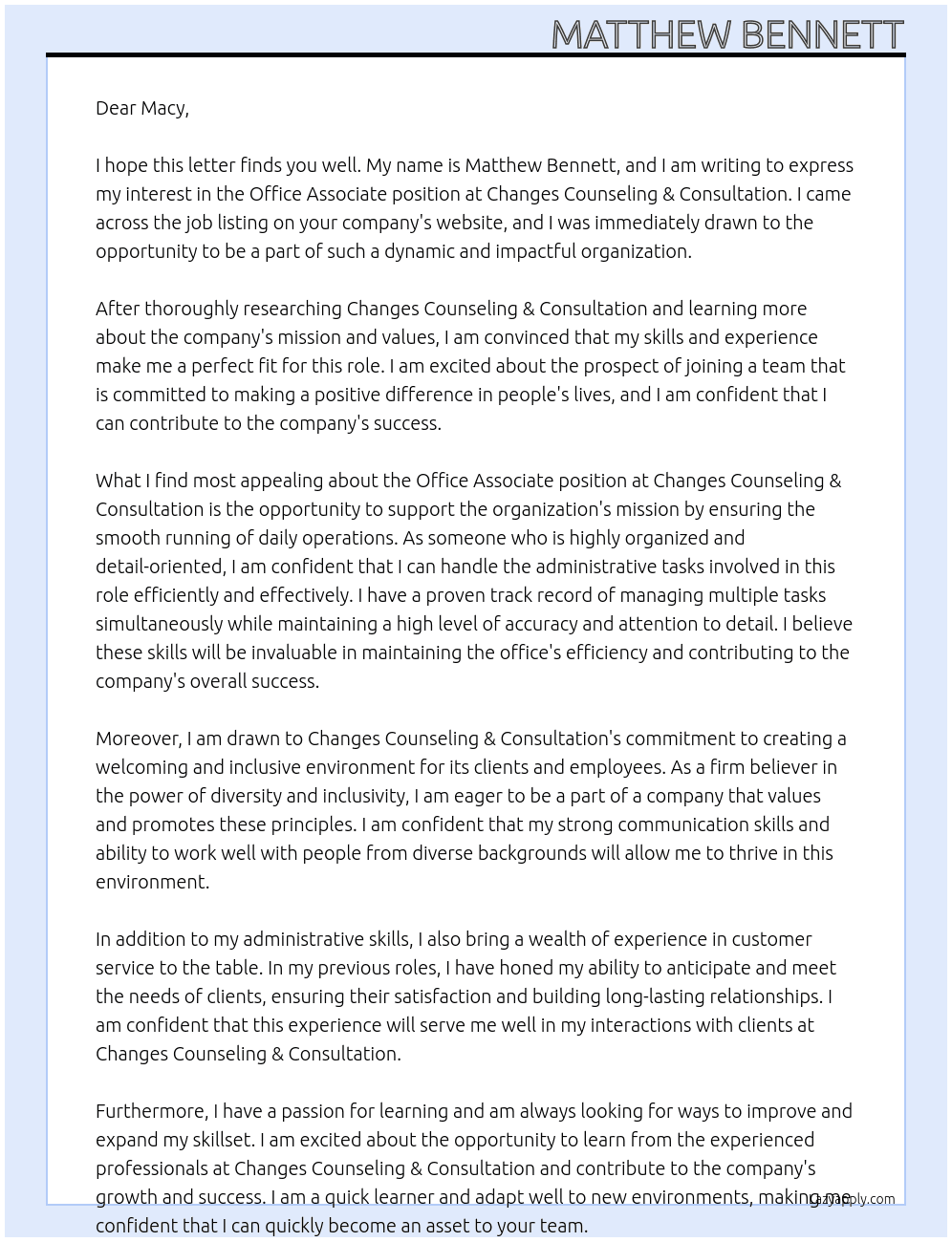 Office Associate At Changes Counseling & Consultation Cover Letter
