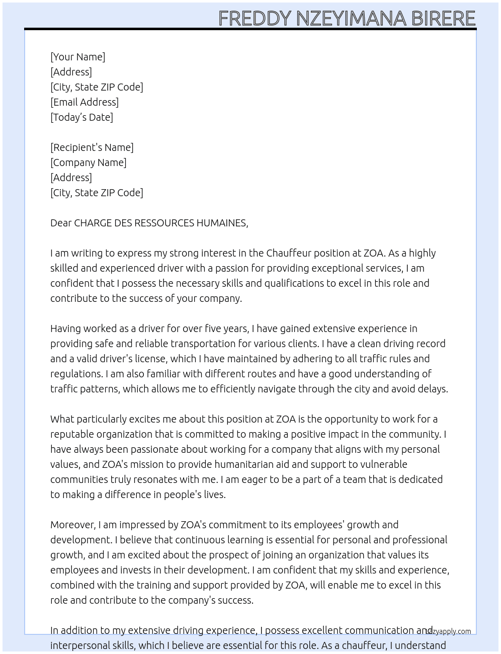 Chauffeur At ZOA Cover Letter