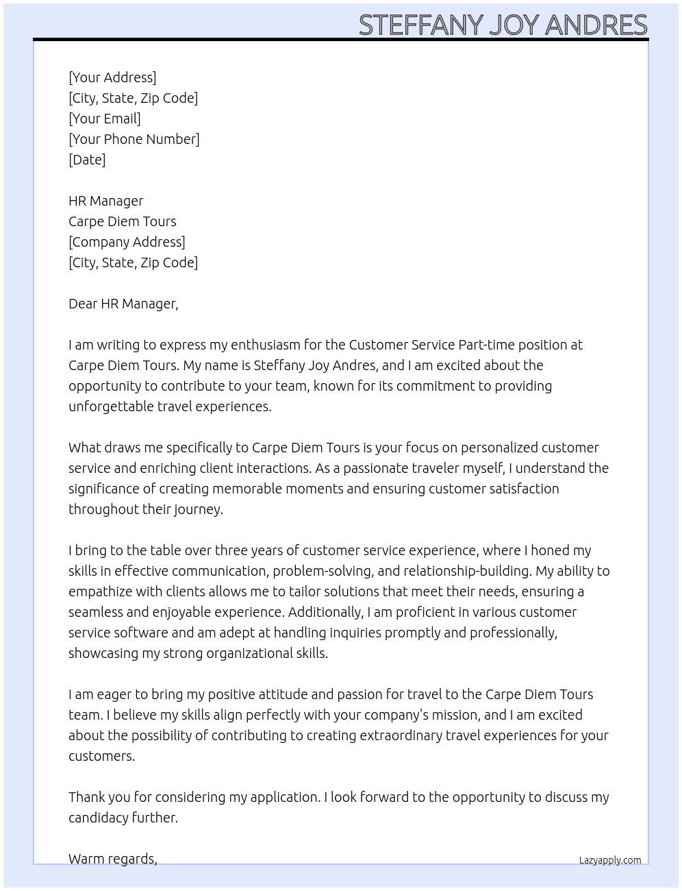 Customer Service Partime At Carpe Diem Tours Cover Letter