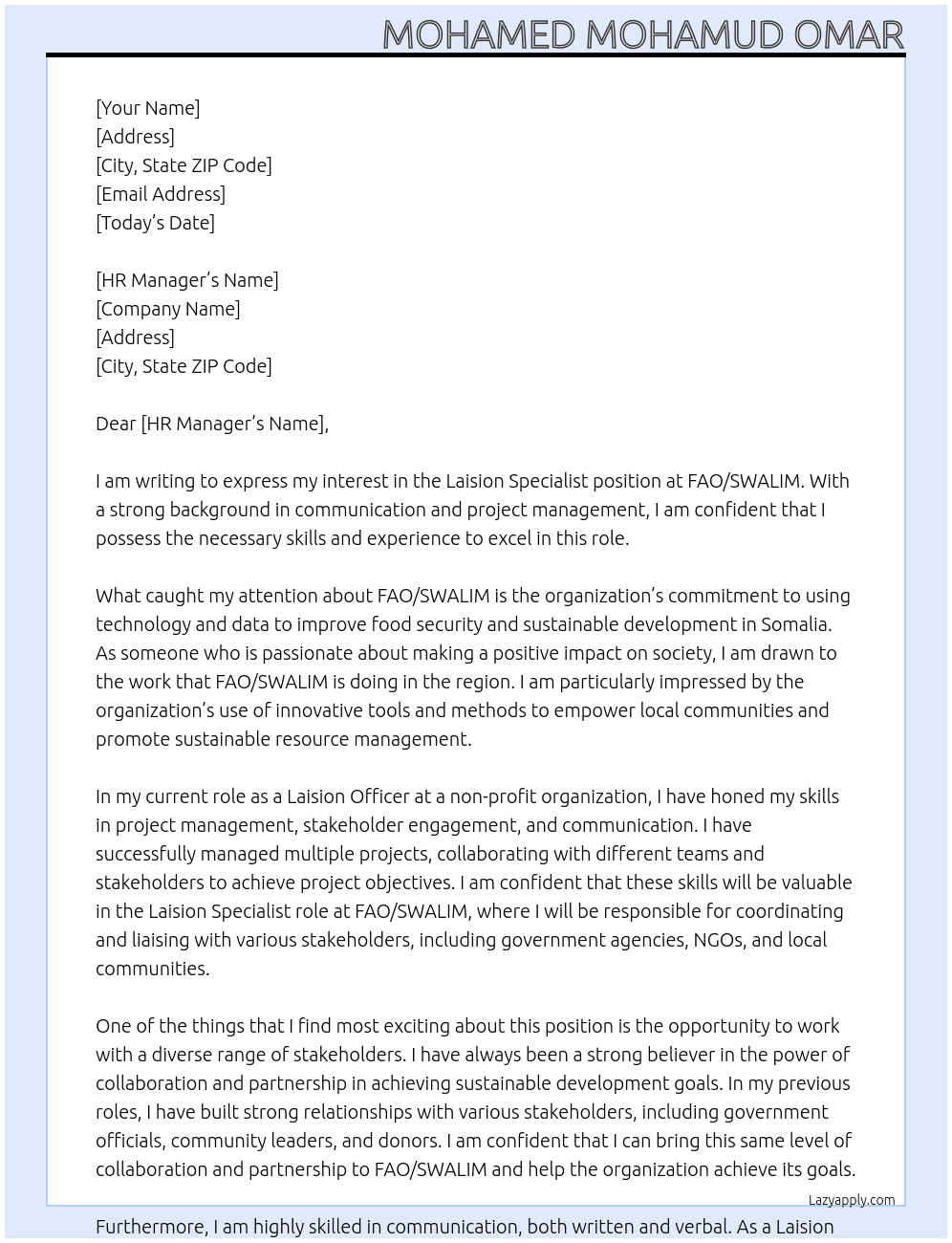laison specialist At FAO/SWALIM Cover Letter