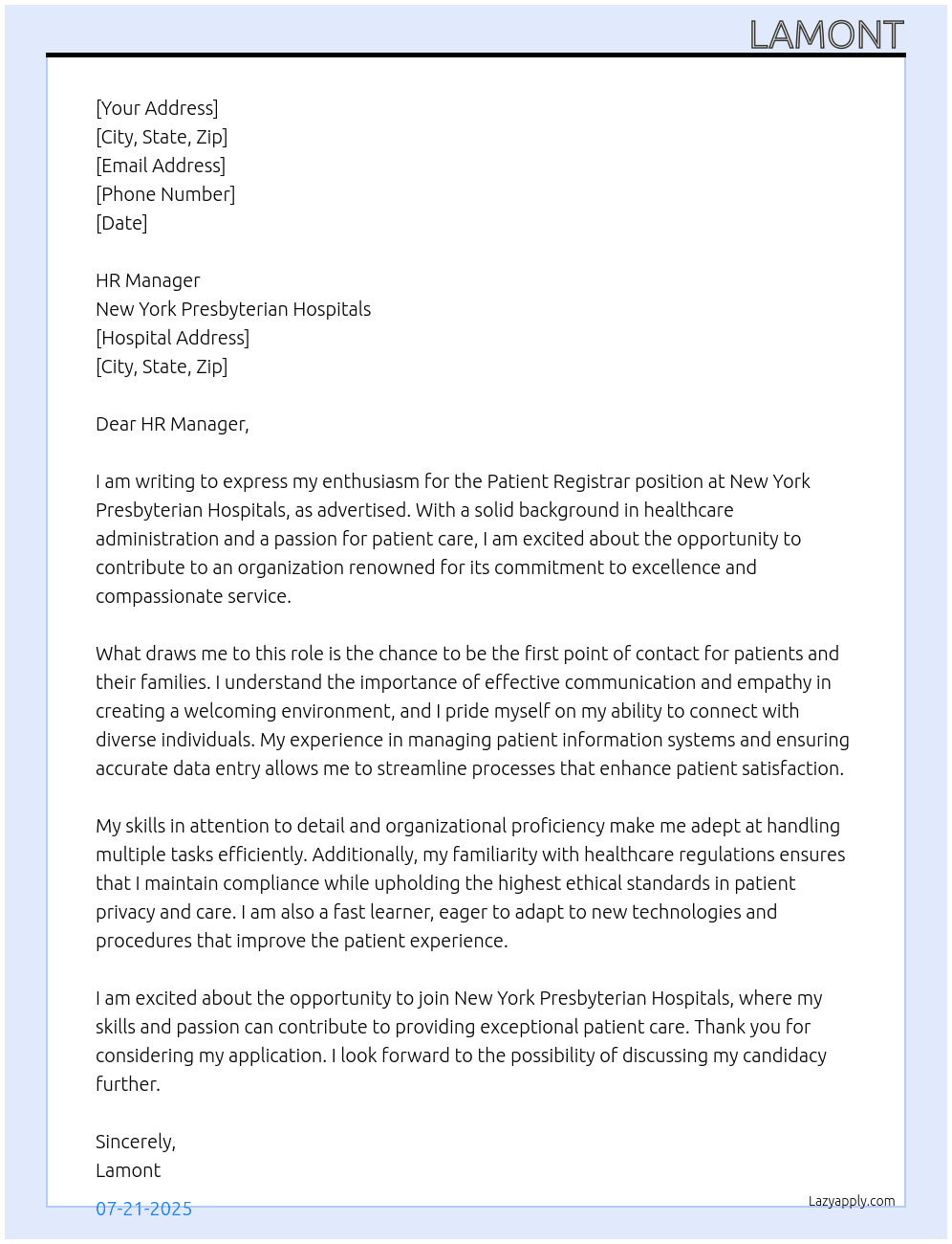 Pateint Registrar At New York Presbyterian Hospitals Cover Letter