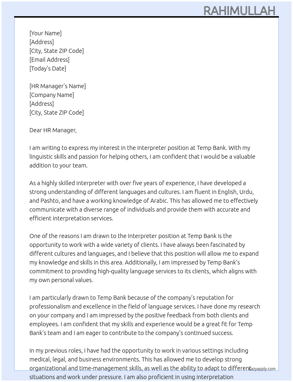 interpreter At Temp Bank Cover Letter